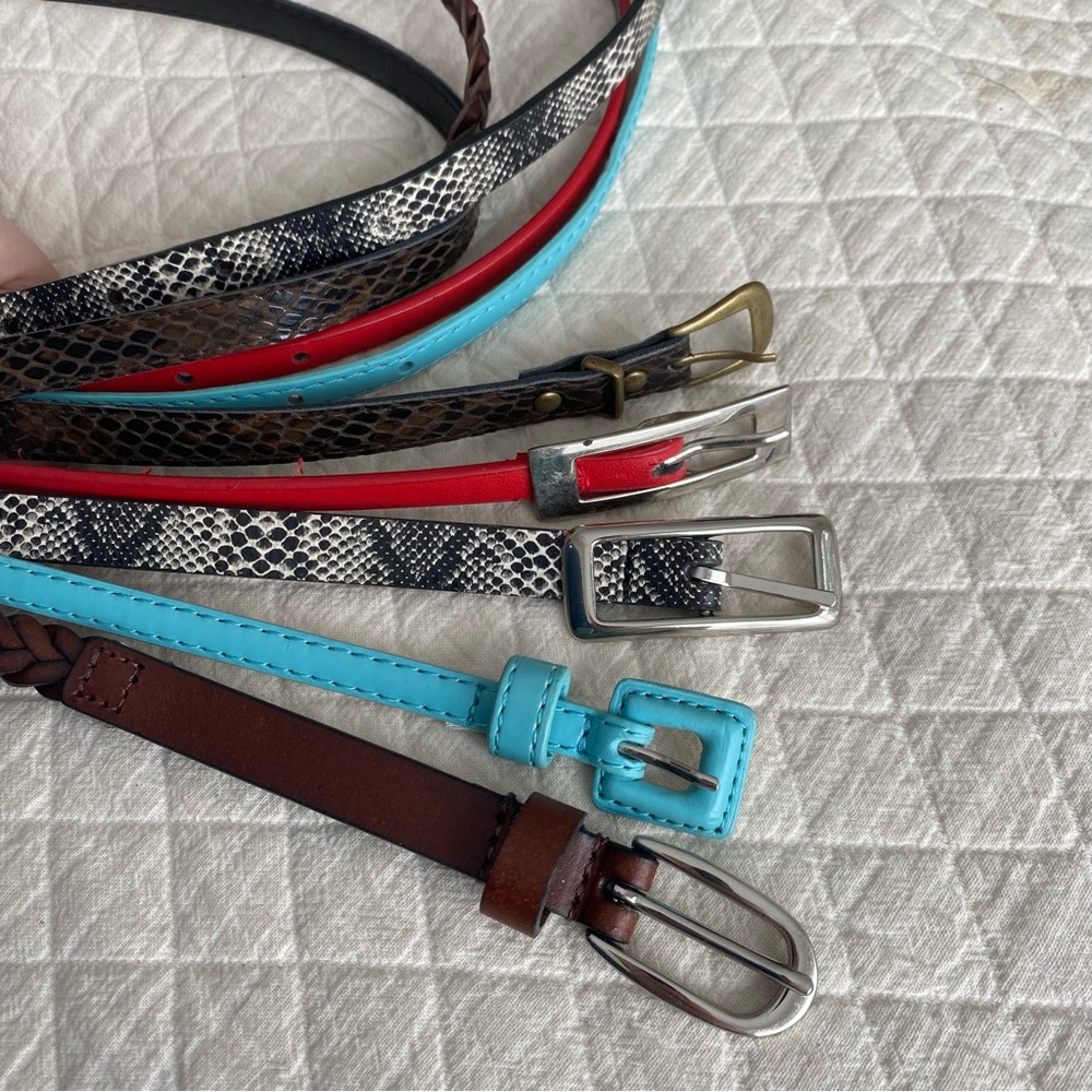 Bundle of 5 Skinny Belts Medium 34” red, turquoise, braided, brown, snakeskin